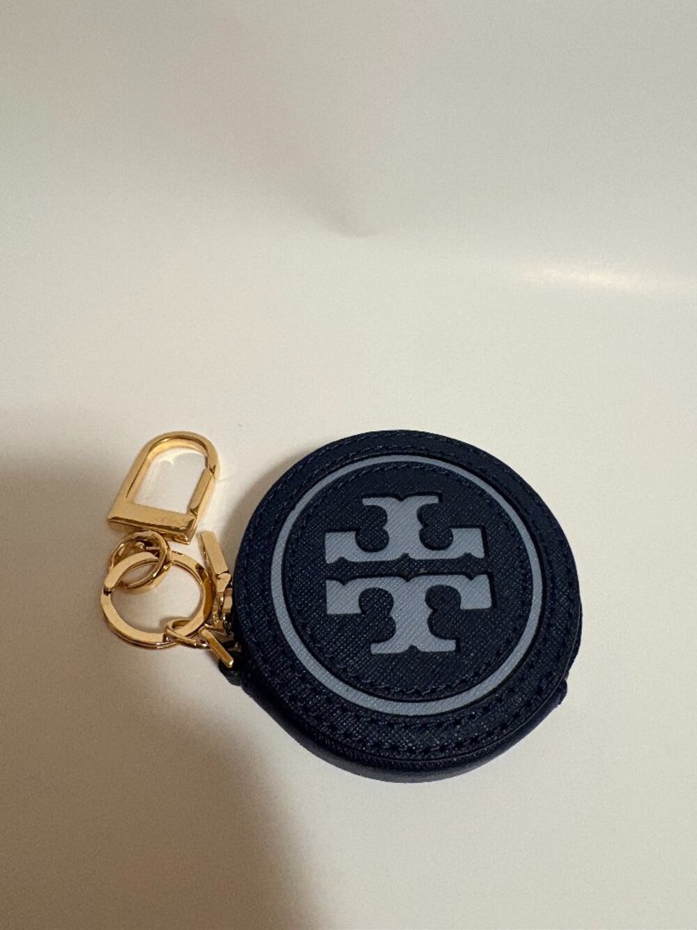 Tory Burch Navy Saffiano Leather Round Zip Coin Pouch Key Fob Bag Charm